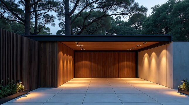 A sleek modern covered carport at twilight, featuring warm wood-paneled walls, recessed lighting, concrete flooring, and a backdrop of tall mature trees.