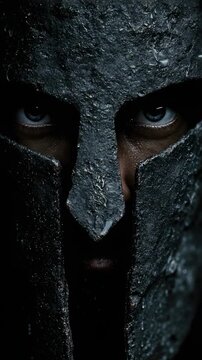 Warrior wearing a dark helmet stares directly at the camera with focus and intensity in a dimly lit setting