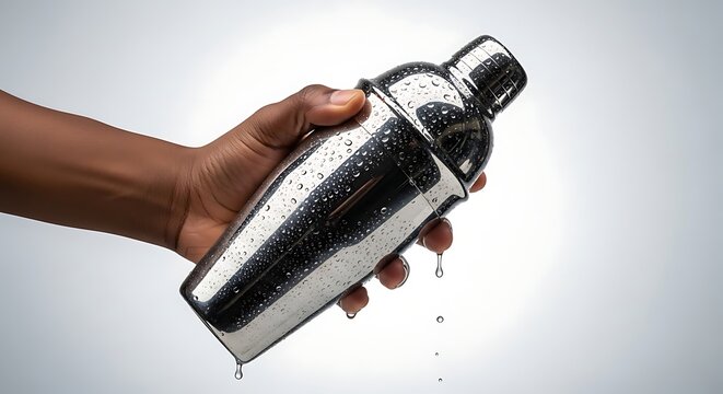 A hand holding a wet cocktail shaker with water droplets on it isolated on white background