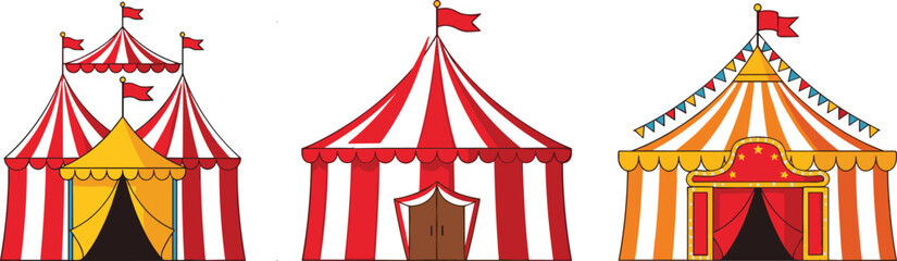 PrintColorful Circus Tent Vector Illustrations with Red, Yellow, and Orange Stripes, Flags, and Entrances for Funfair Designs © Manna