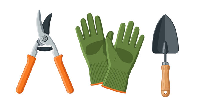 Gardening tools set with pruning shears, gloves, and trowel