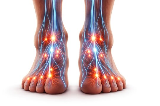 Human feet nerve pain anatomy illustration showing inflammation burning sensation neuropathy and nerve pathways