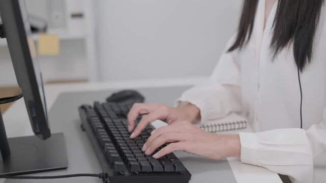 Close-up woman hand typing laptop keyboard freelance job occupation online remote working business, social chatting browsing content information internet network lifestyle concept