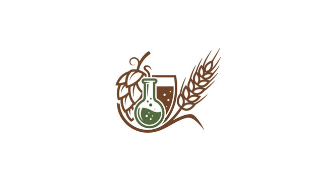 Hops, wheat, beaker, and beer glass brewing logo