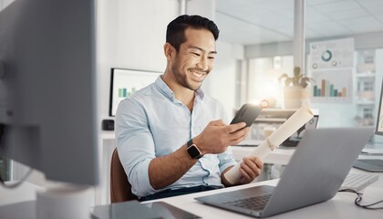 Fototapeta premium Office Productivity: A focused individual digitizes a document with his phone in a modern office environment, demonstrating efficiency and seamless technology integration. 