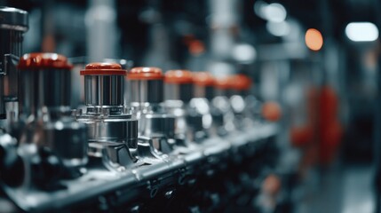 Fototapeta premium Close-Up of Industrial Equipment with Bright Orange Caps in a Modern Factory Setting for Manufacturing Processes and Technology
