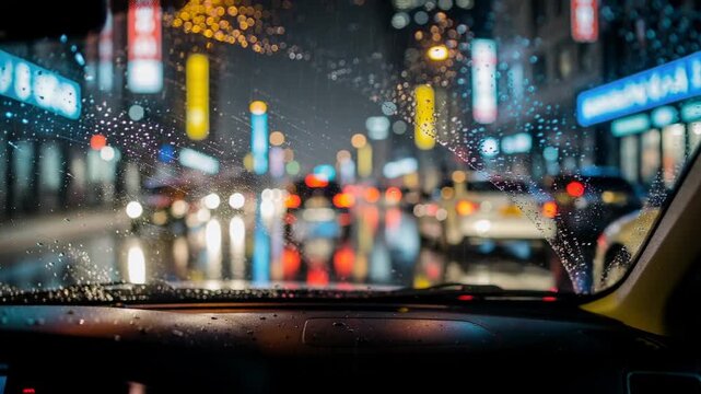 Rainy night city traffic with blurred lights viewed through car windshield with water droplets