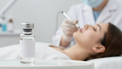Naklejka premium Focus on an Exosome vial, symbolizing advanced skincare for anti-aging and facial rejuvenation. A medical professional provides a cosmetic treatment to a patient in a modern clinic