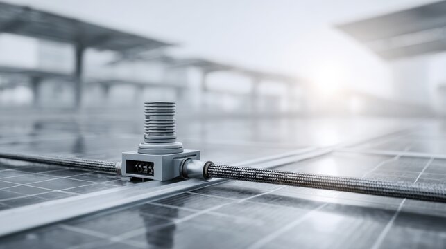 Detailed Close-up of Solar Panel Components Highlighting Electrical Connection with Soft Morning Light in Background