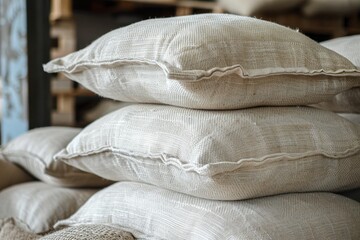 Fototapeta premium Full white sacks stacked in warehouse, storing goods, ready for shipping and delivery