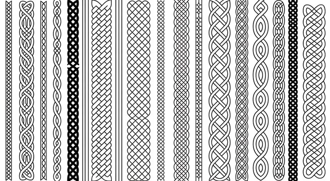 A collection of diverse traditional celtic knotwork and geometric border designs in black and white