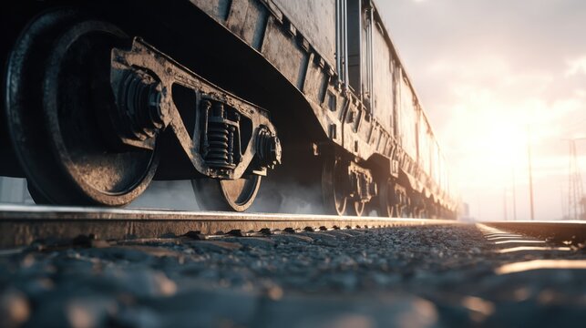 Rusty Train Wheels on Rails at Sunset with Beautiful Light and Scenic Background in a Low Angle Perspective