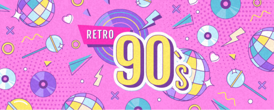 Retro disco poster or banner of 80s-90s with disco ball, cd, records and chupa chups. Memphis style background. Vector illustration