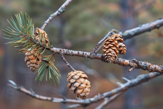 Pine cones hanging from a pine branch with green needles in an autumn forest