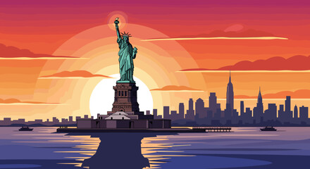 The iconic Statue of Liberty stands majestically in New York Harbor against a vibrant sunset sky, with the Manhattan skyline silhouetted in the background. © Naruto