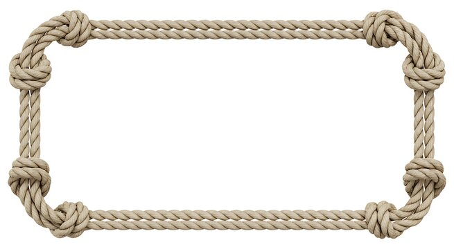 A rectangular picture frame made from braided nautical rope with decorative corner knots isolated

