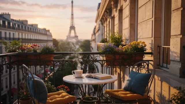 Cozy Paris balcony with blooming flowers and Eiffel Tower view at sunset with steaming coffee and open book