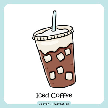 Hand drawn cute iced coffee vector illustration with pink ribbon and ice cubes