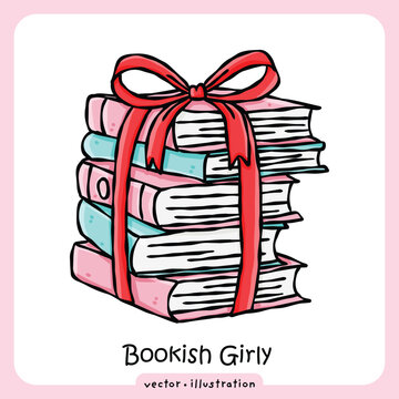 Hand drawn stack of pink books tied with a bow isolated on white background