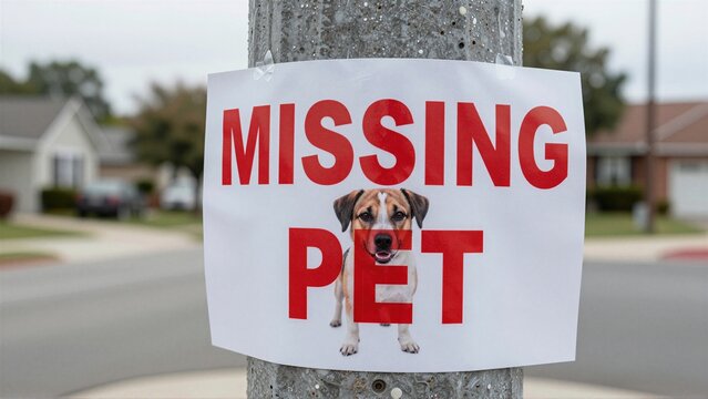 Urgent missing pet sign on a utility pole. Features a lost dog poster seeking community help. A poignant visual highlighting the search for a beloved companion and pet welfare awareness