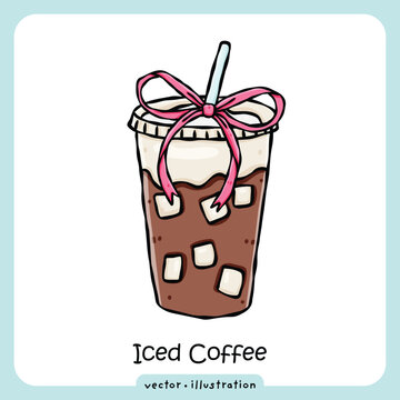 Hand drawn cute iced coffee vector illustration with pink ribbon and ice cubes