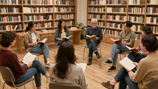 Diverse book club members of various ages sit in a circle reading in a library interior. This group of students and an adult learner focus on literature in a quiet educational setting