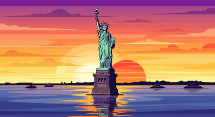 The Statue of Liberty stands tall against a vibrant sunset over the water, with a city skyline in the distance. © Pitu
