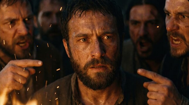 Man looking scared as men point fingers at him. Concept of betrayal and denial. For Easter, Good Friday, Evangelism, religious.