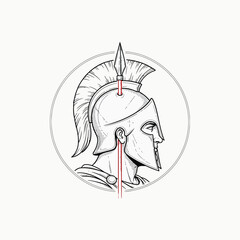 Obraz premium Spartan Warrior Profile Illustration - Ancient Greek Gladiator in Corinthian Helmet with Spear - Minimalist Line Art Vector Design