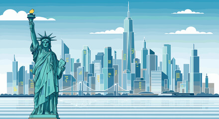 The Statue of Liberty stands proudly in the foreground with a majestic New York City skyline in the background under a clear blue sky. © Naruto