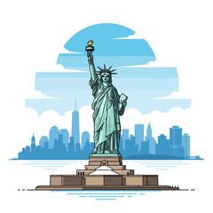 Stylized illustration of the iconic Statue of Liberty standing proudly in front of a blue New York City skyline under a clear sky. © Pitu