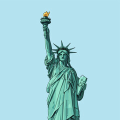 Fototapeta premium Iconic Statue of Liberty in New York Harbor, a symbol of freedom and democracy, against a clear blue sky.