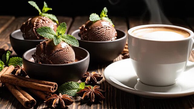 Chocolate ice cream placed in bowls next to hot coffee. Warm setting with wooden table and spices scattered around. Concept of cafes, ice cream shops, dessert businesses
