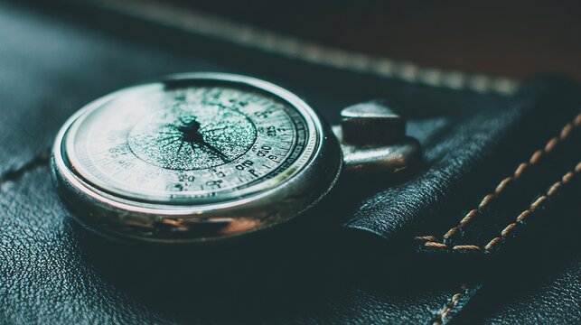 Soft Daylight on Vintage Mechanical Pedometer Clipped to Leather Belt, Metal Details Visible, Nostalgic Walking Step Counter Still Life