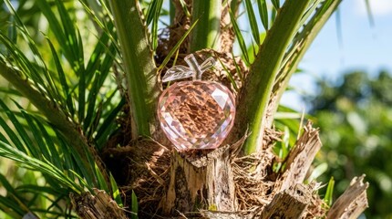 Fototapeta premium Crystal apple figurine placed on a palm tree trunk. Decorative glass fruit ornament in a tropical garden. Symbol of health, knowledge, and nature beauty in sunny weather environment.