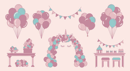 Pastel Pink Balloon Arch and Party Decorations with Table Setting on a Festive Background © Naya