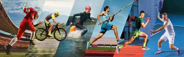 Obraz premium Collage of athletes in different sports action across stadium track water and court scenes. Concept of multi sport diversity, training performance, competition lifestyle and athletic achievement.
