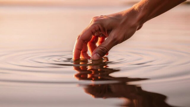 Close up of a hand gently touching calm water creating ripples with soft warm light reflection