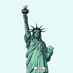 Fototapeta premium Detailed illustration of the iconic Statue of Liberty holding a torch and a tablet with Roman numerals, set against a light blue background.