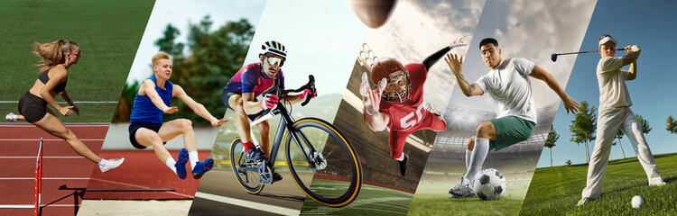 Obraz premium Athletes collage showing track field cycling football and golf actions in dynamic composition. Concept of sport variety, outdoor activity, healthy lifestyle, progress and competitive performance.
