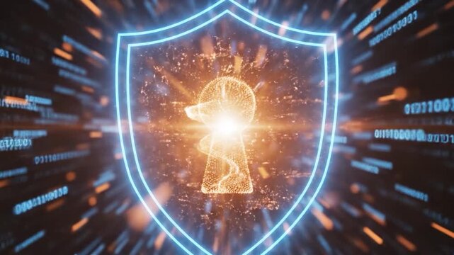 A glowing digital shield icon protects sensitive data within a complex network of binary code and abstract light streaks in cyberspace