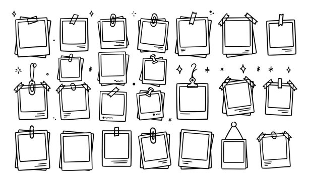 Hand drawn doodle instant photo frames set, polaroid style with tape and clips, fun sketchy ink pen elements, expressive vector collection, 