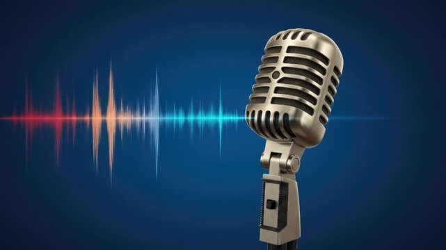 A vintage-style microphone with a chrome finish stands on the right side of the image against a dark blue background with a sound wave graphic