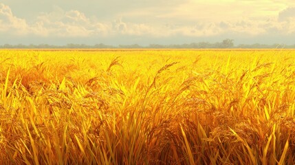 Fototapeta premium Golden Rice Field Under Bright Sky with Dramatic Clouds in the Background During Sunset Hours for Nature Photography