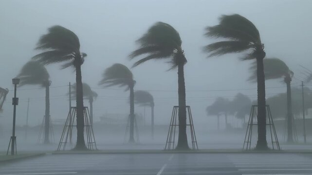 Palm Trees Swaying Violently in Heavy Rain and Strong Winds During a Tropical Storm or Hurricane.