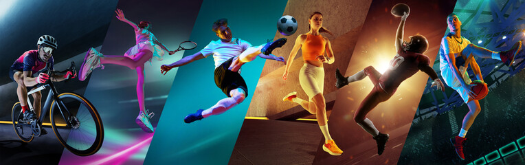 Obraz premium Neon lit sports collage with athletes in cycling tennis football running and basketball action. Concept of modern sport energy night training dynamic motion and high intensity performance.