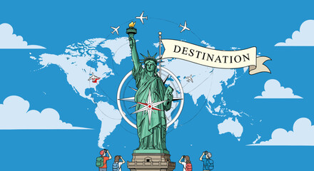 The Statue of Liberty stands proudly in front of a world map, symbolizing global travel and adventure with airplanes and clouds. © Naruto
