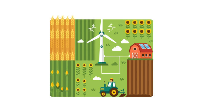 Colorful farm landscape illustration with wind turbine and tractor