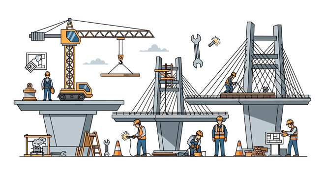 Construction workers building a suspension bridge with cranes and tools