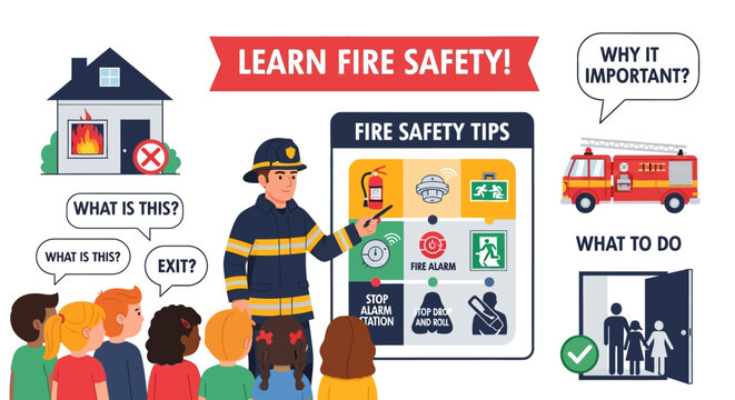 Firefighter Teaching Children About Fire Safety and Emergency Tips